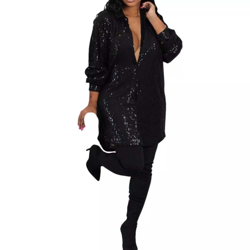 Black Sequin Long-Sleeve Dress